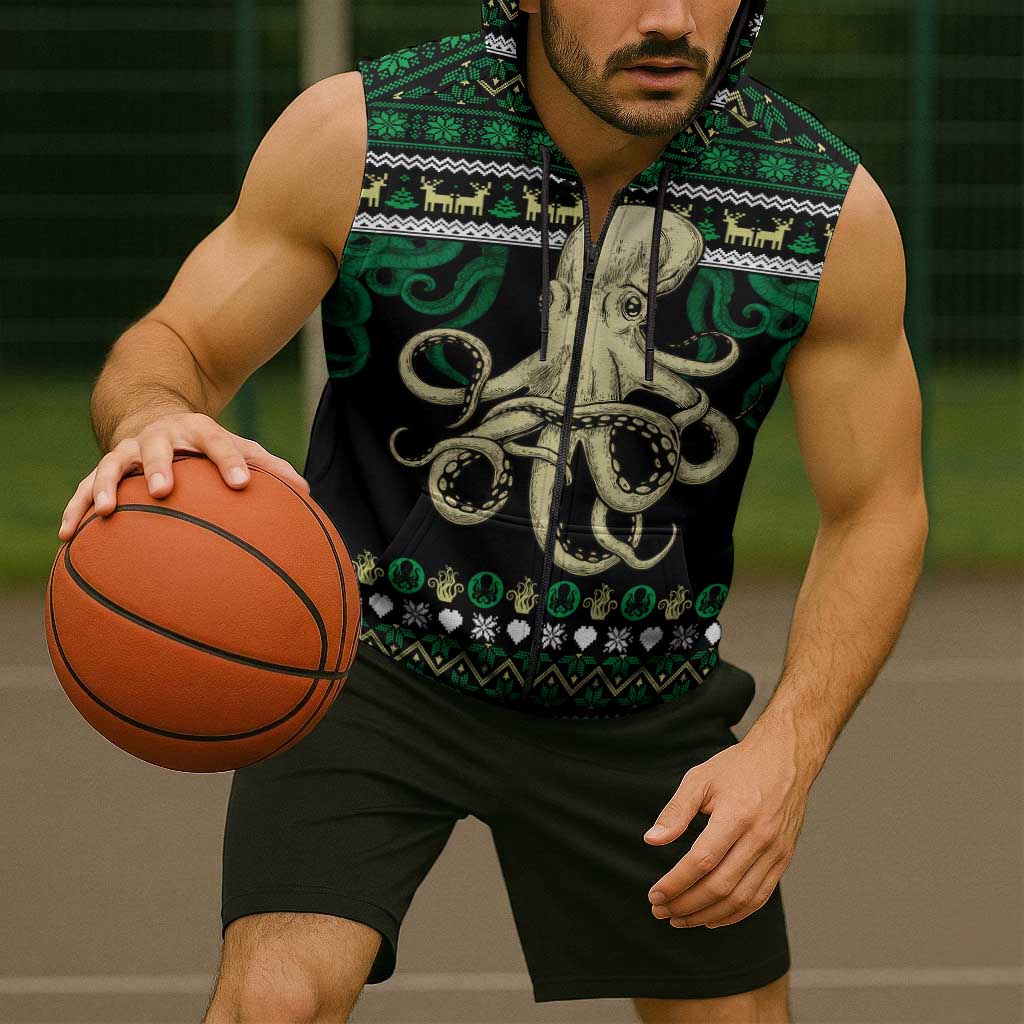 Octopus Cool Christmas Design Sleeveless Zip Hoodie Xmas Holiday Patterns - Wonder Print Shop