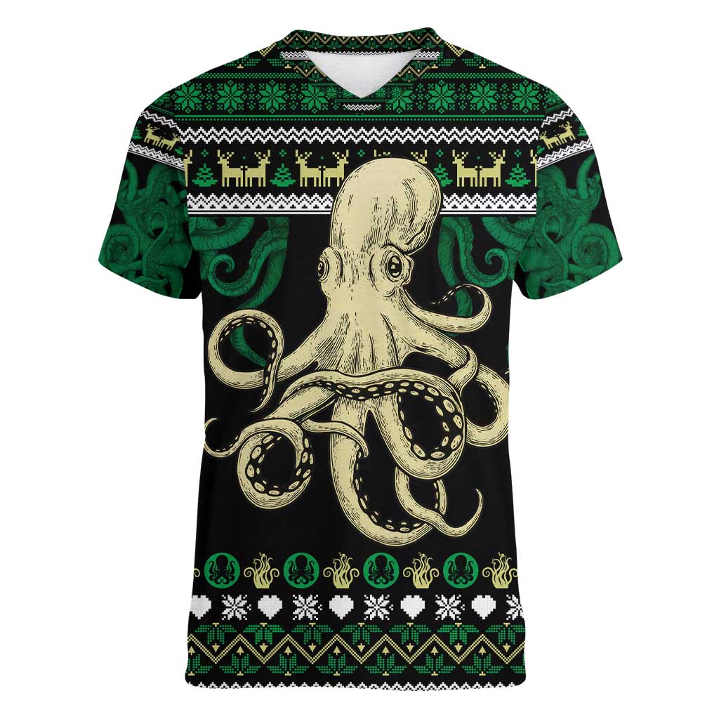 Octopus Cool Christmas Design Women V-Neck T-Shirt Xmas Holiday Patterns - Wonder Print Shop