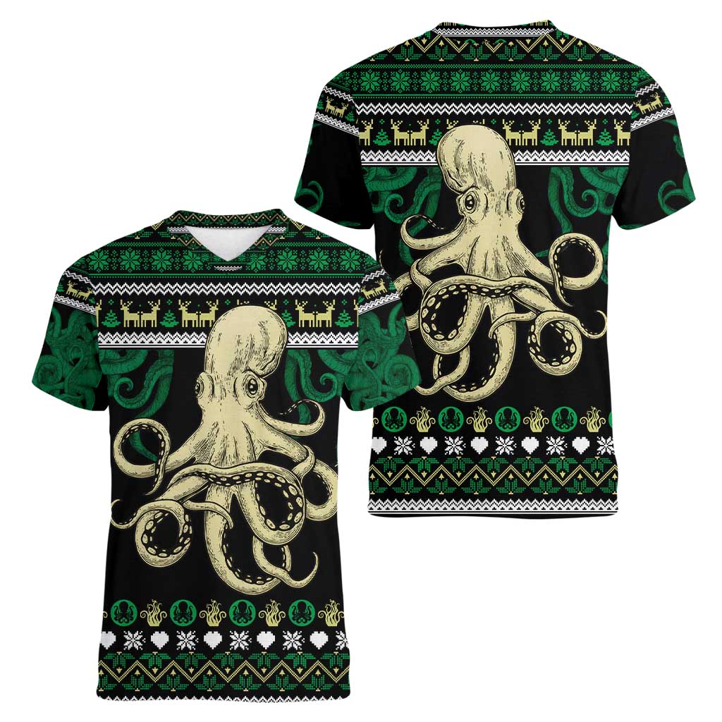 Octopus Cool Christmas Design Women V-Neck T-Shirt Xmas Holiday Patterns - Wonder Print Shop