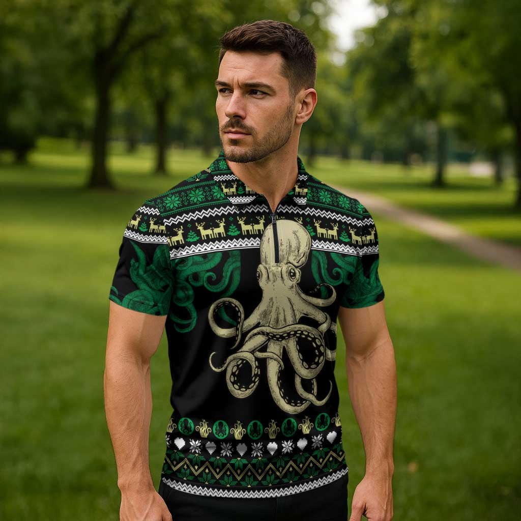 Octopus Cool Christmas Design Zipper Polo Shirt Xmas Holiday Patterns - undefined