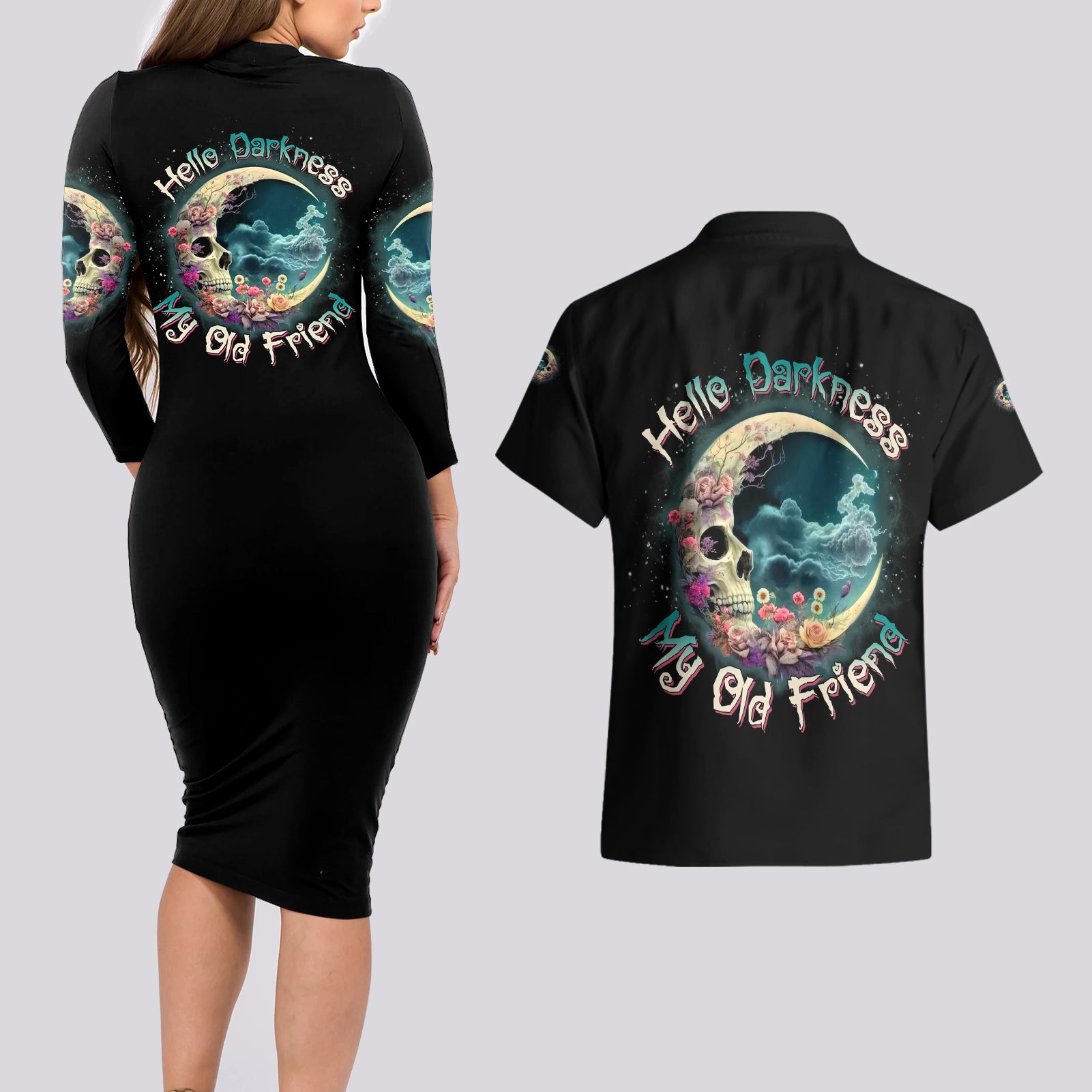 Hello Darkness My Old Friend Crescent Moon Skull Couples Matching Long Sleeve Bodycon Dress and Hawaiian Shirt - Wonder Print Shop