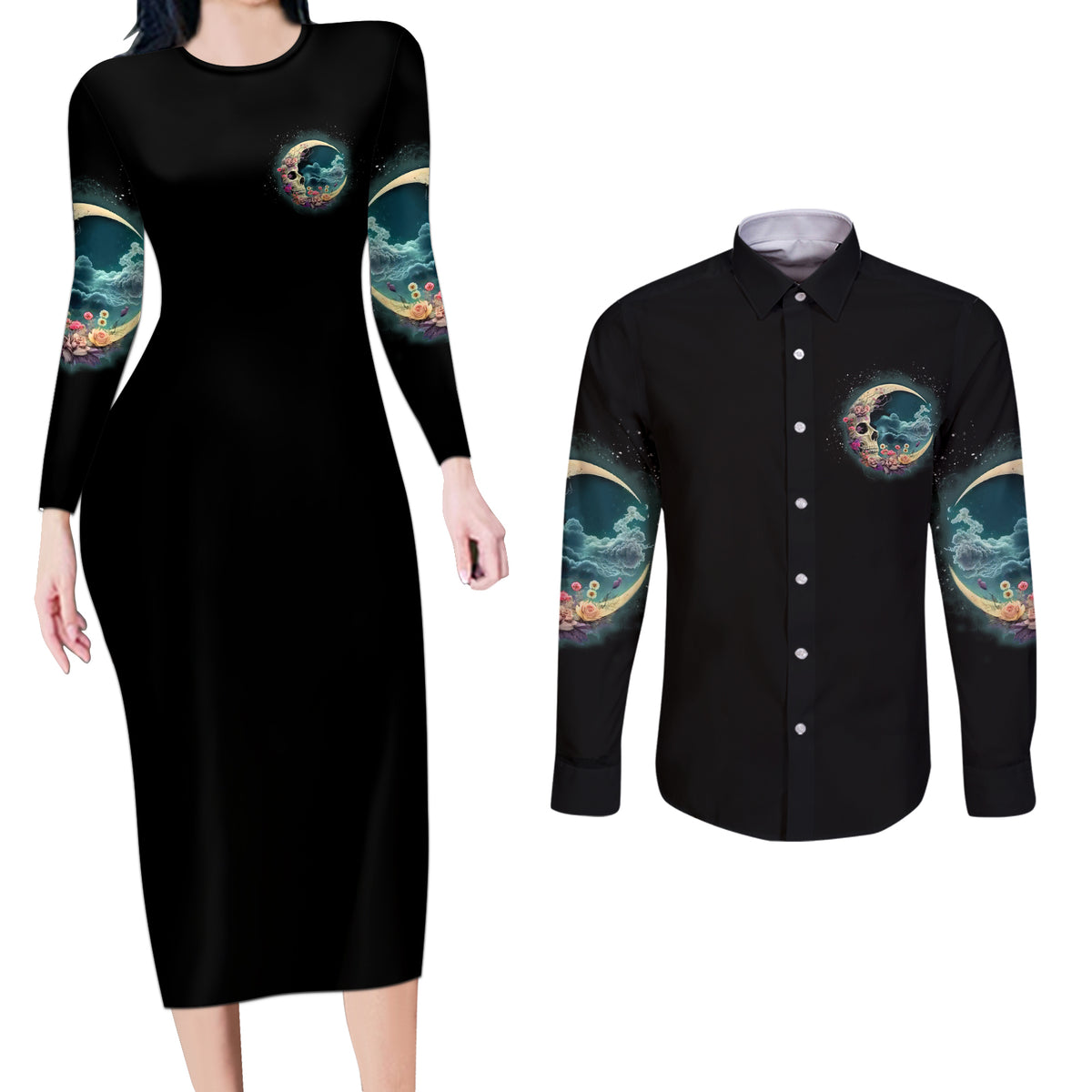 Hello Darkness My Old Friend Crescent Moon Skull Couples Matching Long Sleeve Bodycon Dress and Long Sleeve Button Shirt - Wonder Print Shop