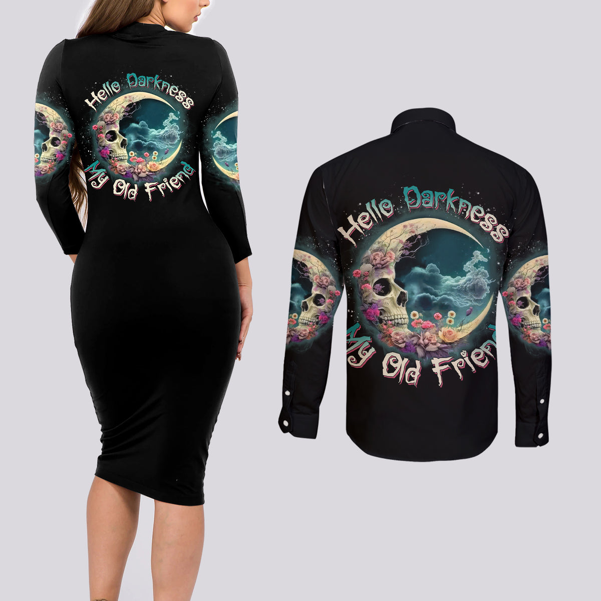 Hello Darkness My Old Friend Crescent Moon Skull Couples Matching Long Sleeve Bodycon Dress and Long Sleeve Button Shirt - Wonder Print Shop
