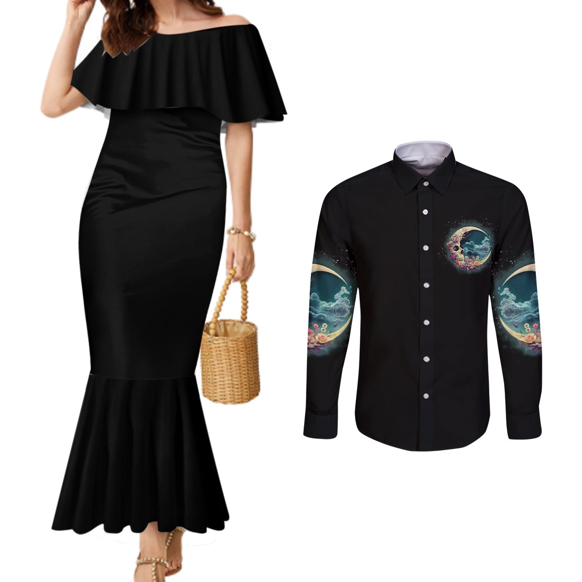 hello-darkness-my-old-friend-crescent-moon-skull-couples-matching-mermaid-dress-and-long-sleeve-button-shirt