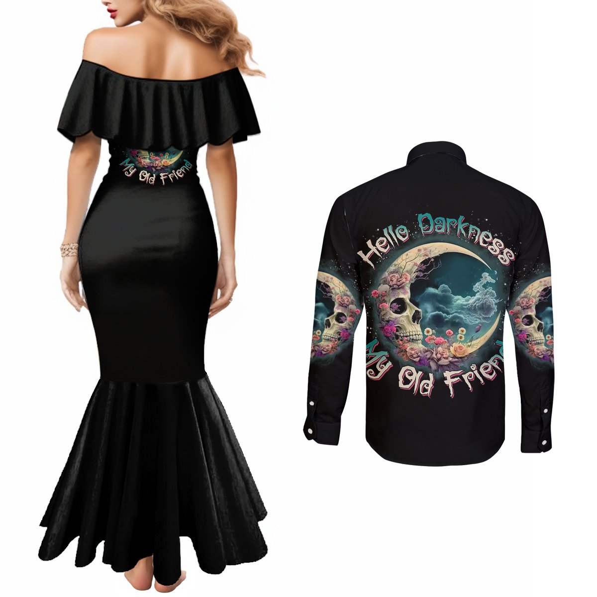 hello-darkness-my-old-friend-crescent-moon-skull-couples-matching-mermaid-dress-and-long-sleeve-button-shirt