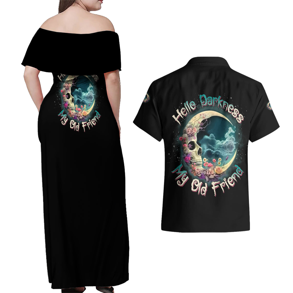 Hello Darkness My Old Friend Crescent Moon Skull Couples Matching Off Shoulder Maxi Dress and Hawaiian Shirt - Wonder Print Shop