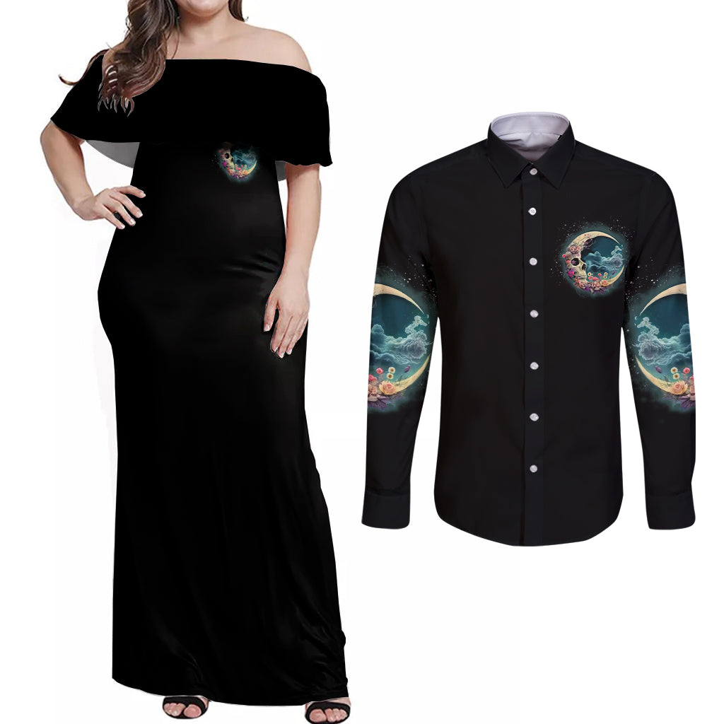 Hello Darkness My Old Friend Crescent Moon Skull Couples Matching Off Shoulder Maxi Dress and Long Sleeve Button Shirt - Wonder Print Shop