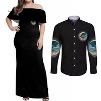 Hello Darkness My Old Friend Crescent Moon Skull Couples Matching Off Shoulder Maxi Dress and Long Sleeve Button Shirt - Wonder Print Shop