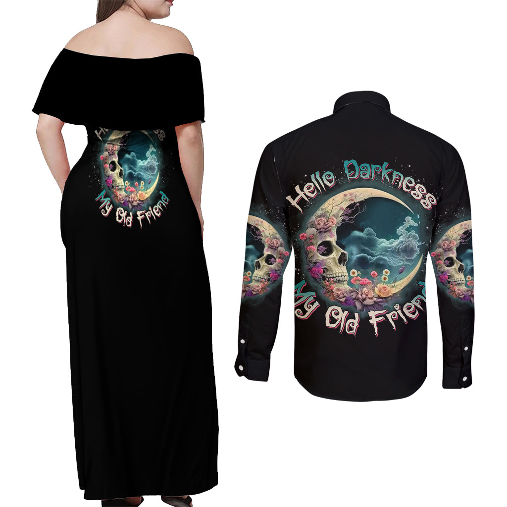 Hello Darkness My Old Friend Crescent Moon Skull Couples Matching Off Shoulder Maxi Dress and Long Sleeve Button Shirt - Wonder Print Shop