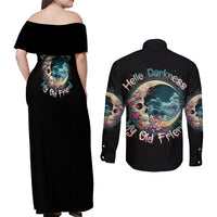 Hello Darkness My Old Friend Crescent Moon Skull Couples Matching Off Shoulder Maxi Dress and Long Sleeve Button Shirt - Wonder Print Shop
