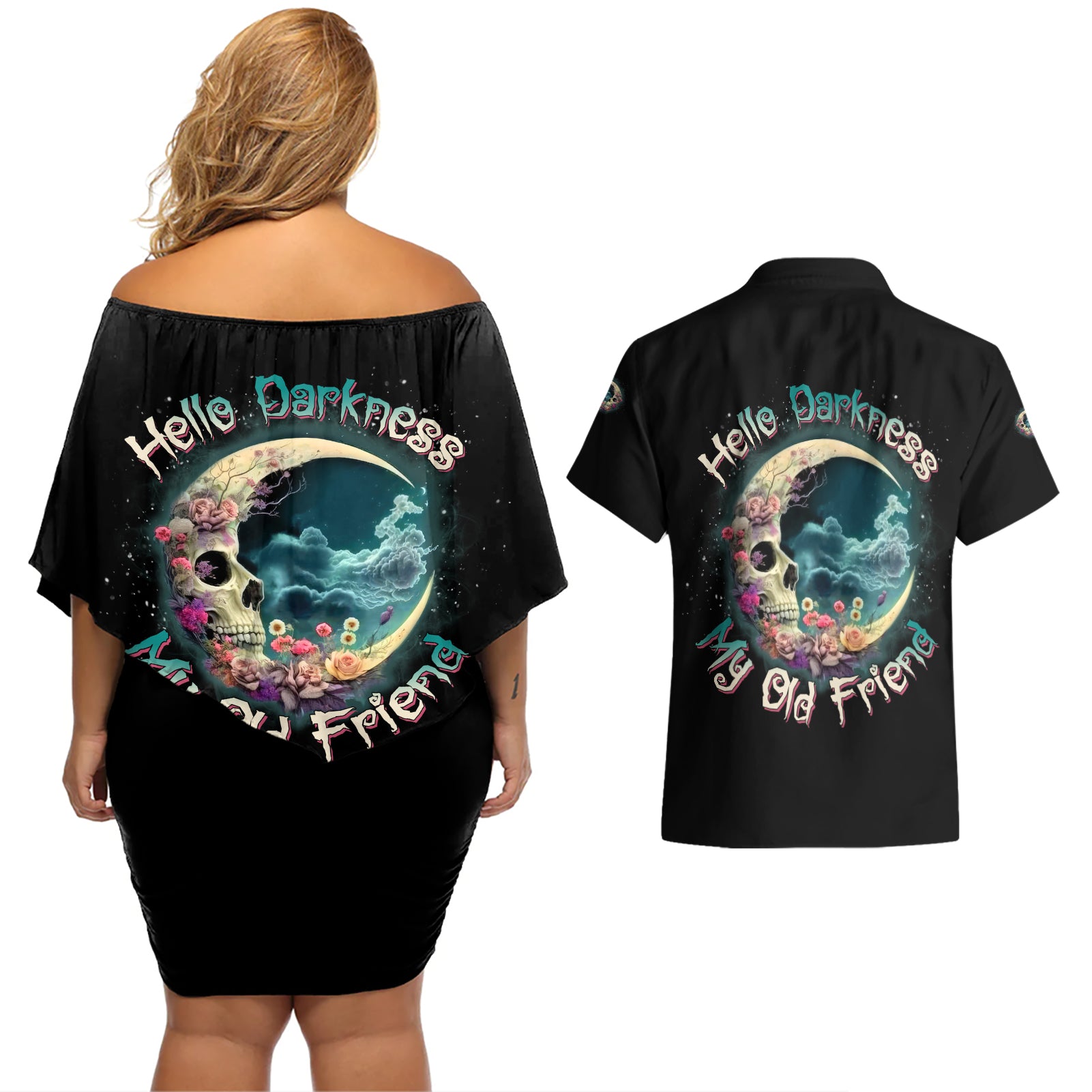 Hello Darkness My Old Friend Crescent Moon Skull Couples Matching Off Shoulder Short Dress and Hawaiian Shirt - Wonder Print Shop