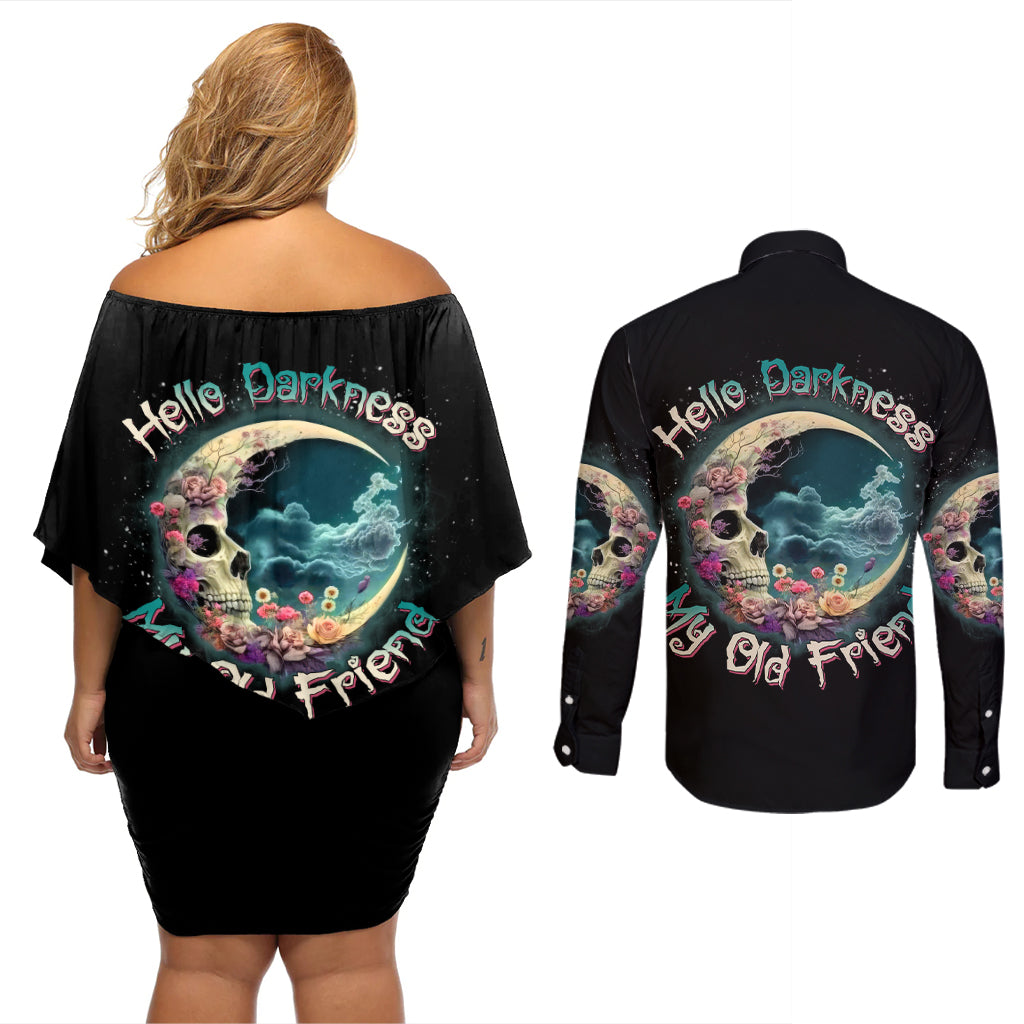 Hello Darkness My Old Friend Crescent Moon Skull Couples Matching Off Shoulder Short Dress and Long Sleeve Button Shirt - Wonder Print Shop