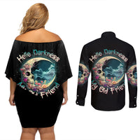 Hello Darkness My Old Friend Crescent Moon Skull Couples Matching Off Shoulder Short Dress and Long Sleeve Button Shirt - Wonder Print Shop