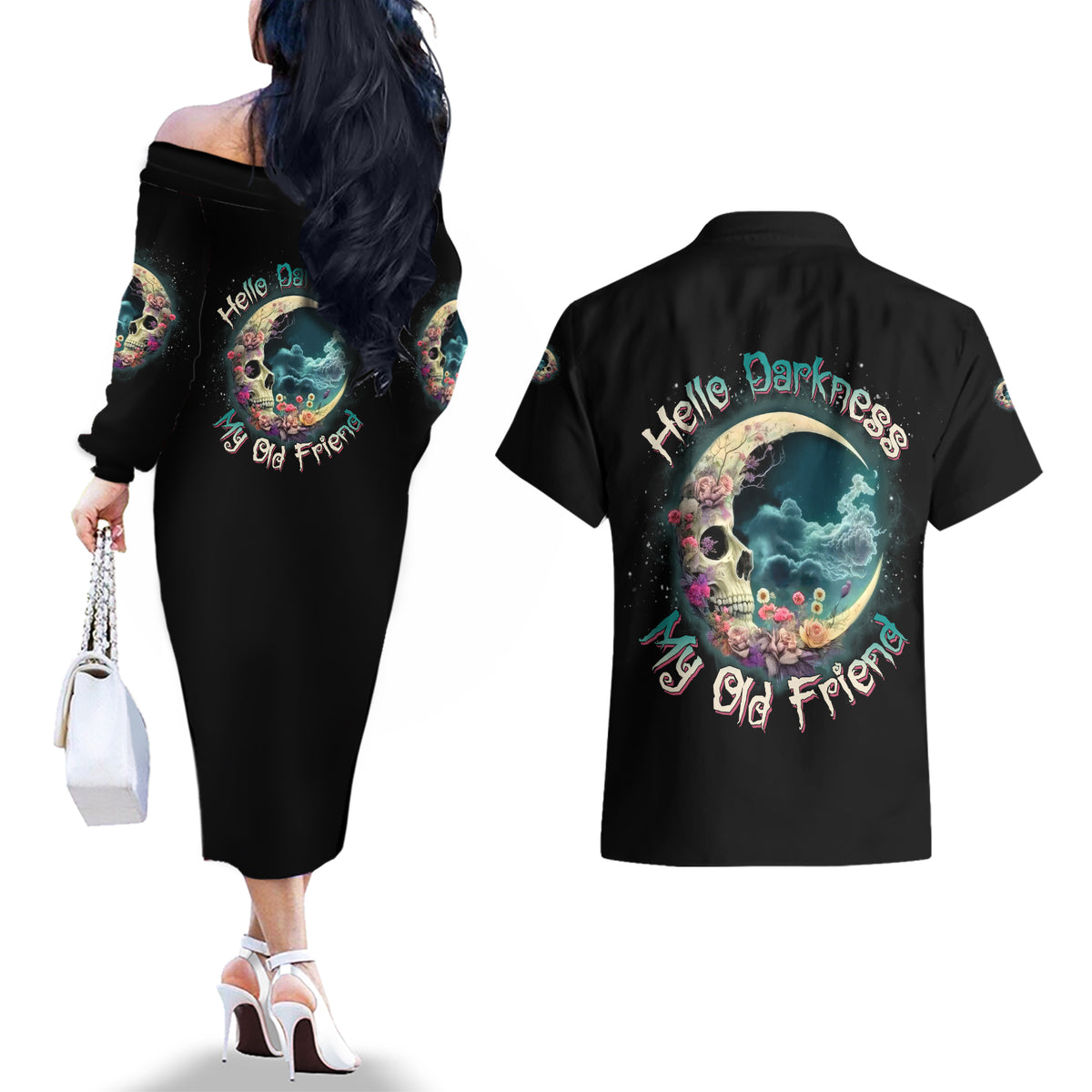 Hello Darkness My Old Friend Crescent Moon Skull Couples Matching Off The Shoulder Long Sleeve Dress and Hawaiian Shirt - Wonder Print Shop