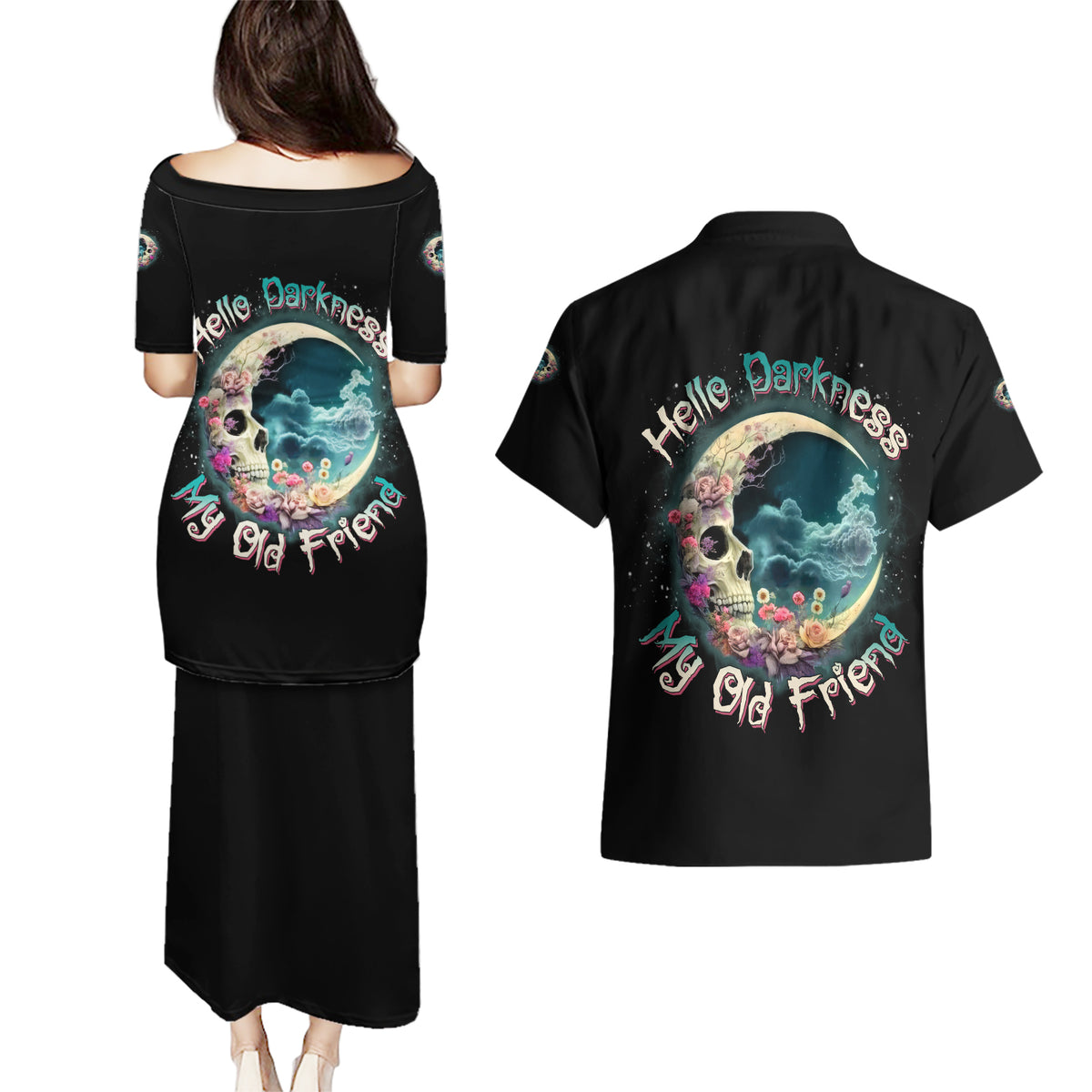 Hello Darkness My Old Friend Crescent Moon Skull Couples Matching Puletasi Dress and Hawaiian Shirt - Wonder Print Shop