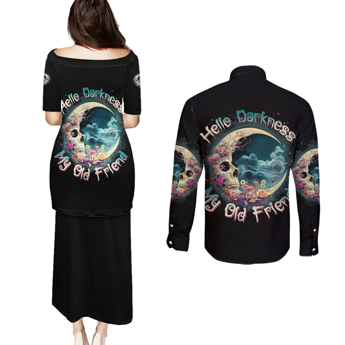 Hello Darkness My Old Friend Crescent Moon Skull Couples Matching Puletasi Dress and Long Sleeve Button Shirt - Wonder Print Shop