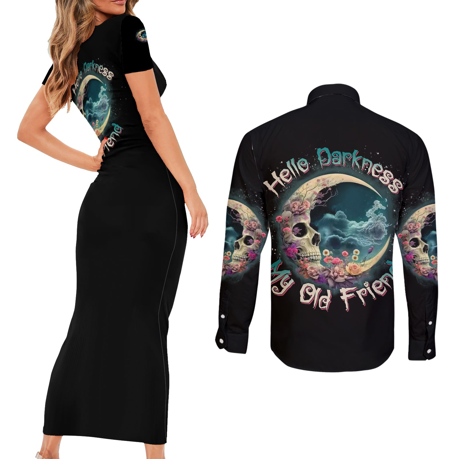 Hello Darkness My Old Friend Crescent Moon Skull Couples Matching Short Sleeve Bodycon Dress and Long Sleeve Button Shirt - Wonder Print Shop