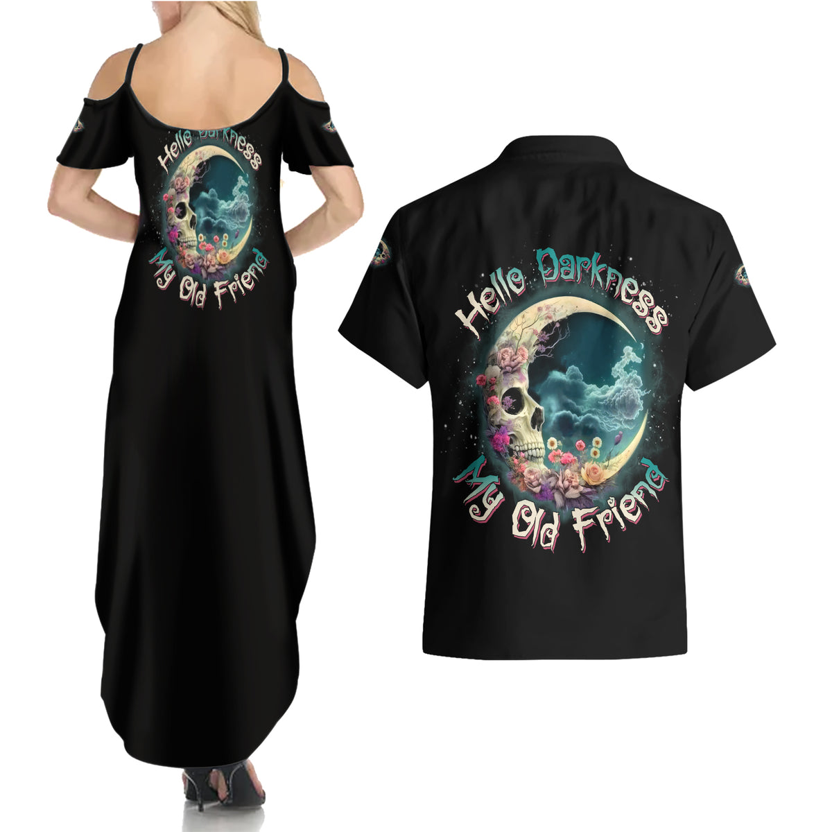 Hello Darkness My Old Friend Crescent Moon Skull Couples Matching Summer Maxi Dress and Hawaiian Shirt - Wonder Print Shop