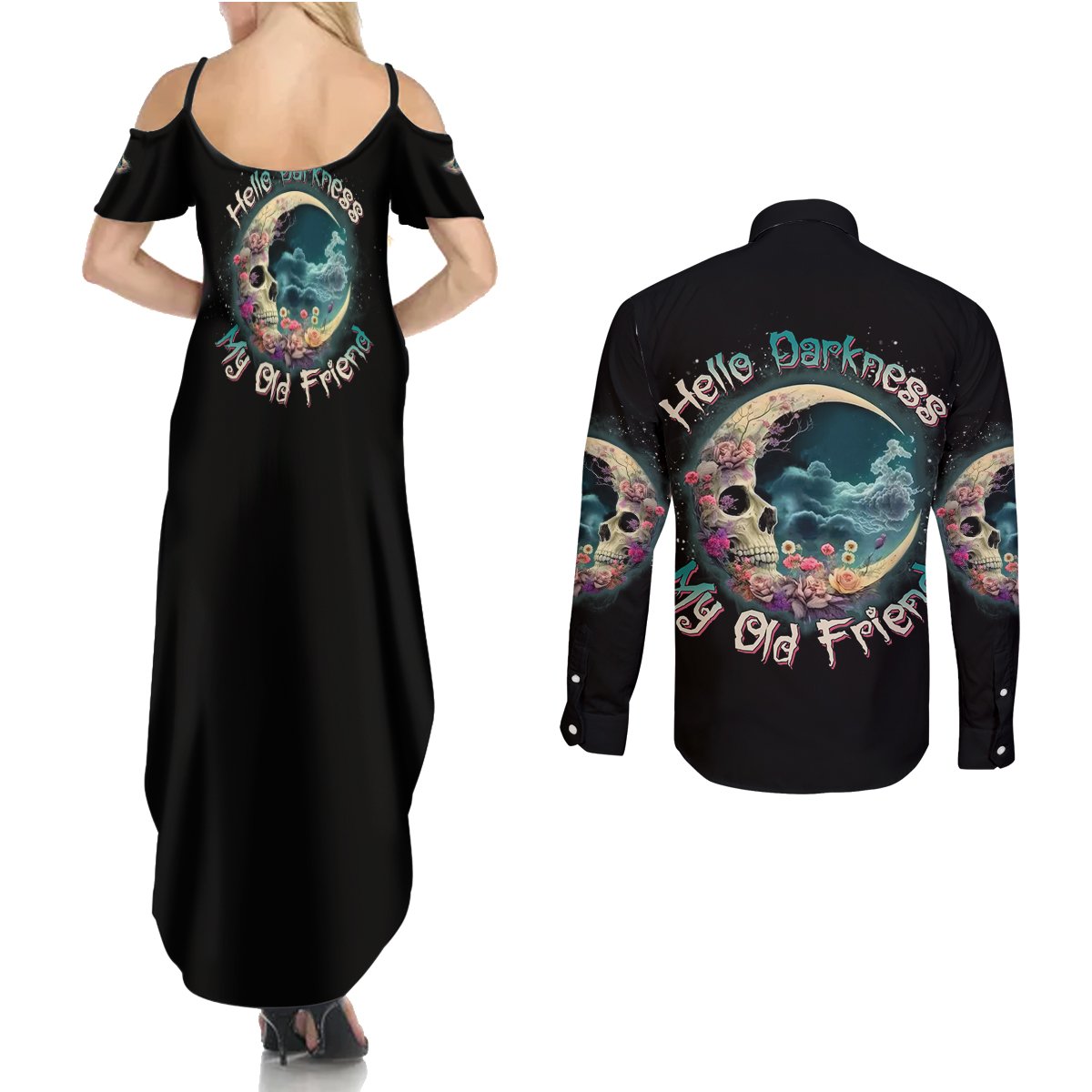 Hello Darkness My Old Friend Crescent Moon Skull Couples Matching Summer Maxi Dress and Long Sleeve Button Shirt - Wonder Print Shop