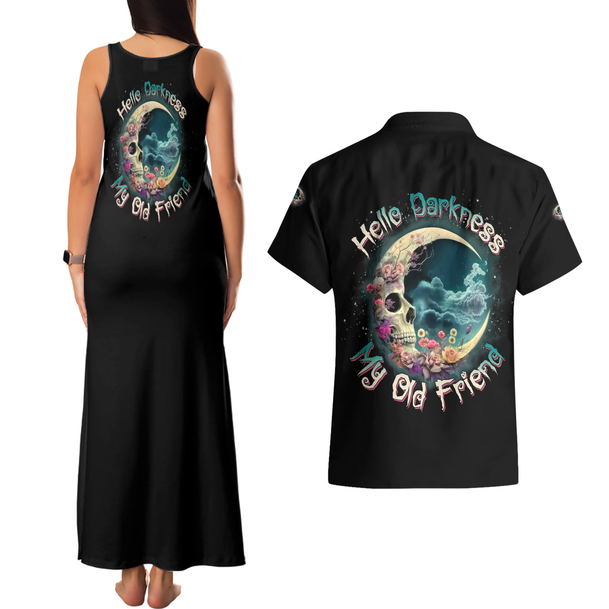 Hello Darkness My Old Friend Crescent Moon Skull Couples Matching Tank Maxi Dress and Hawaiian Shirt - Wonder Print Shop
