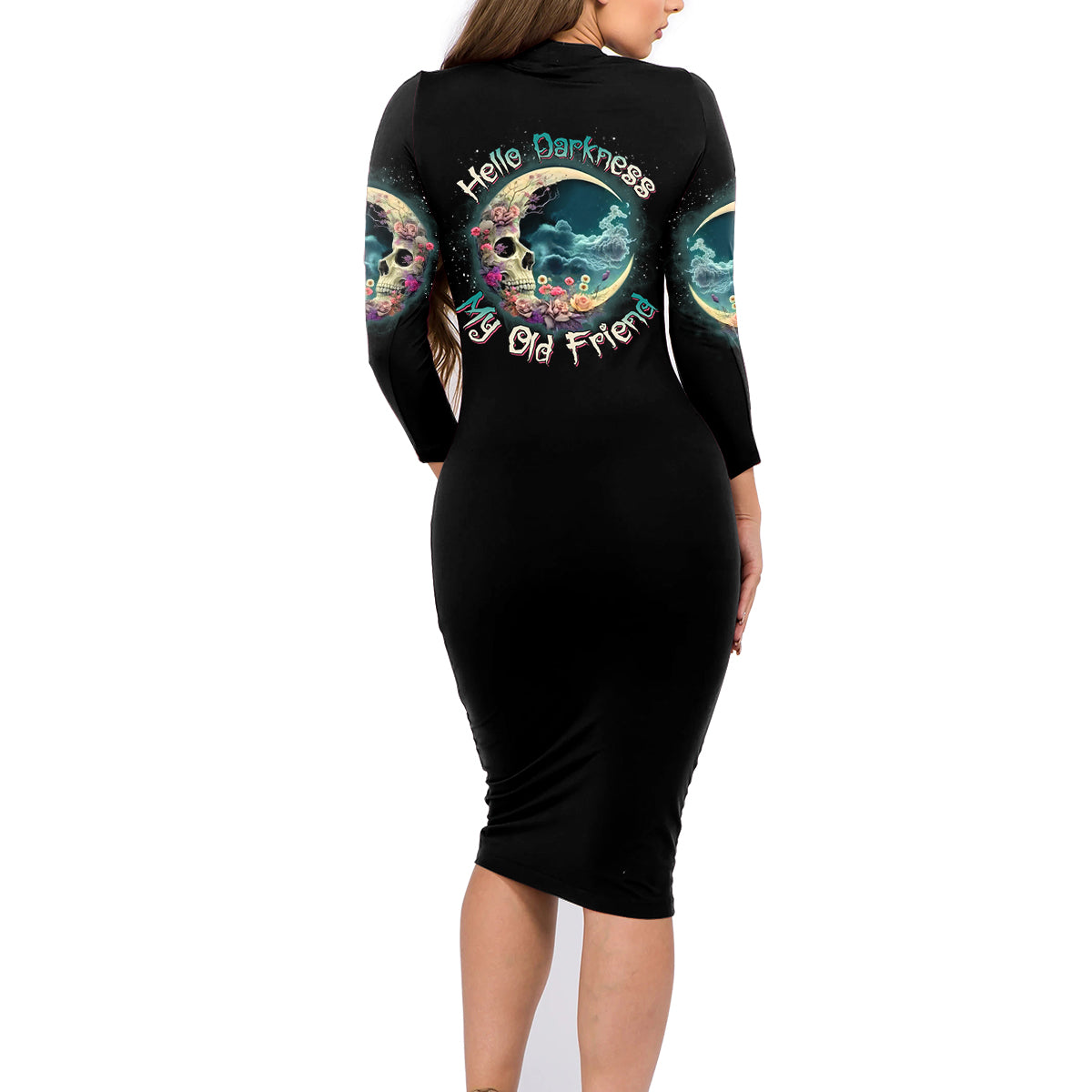 Hello Darkness My Old Friend Crescent Moon Skull Family Matching Long Sleeve Bodycon Dress and Hawaiian Shirt - Wonder Print Shop