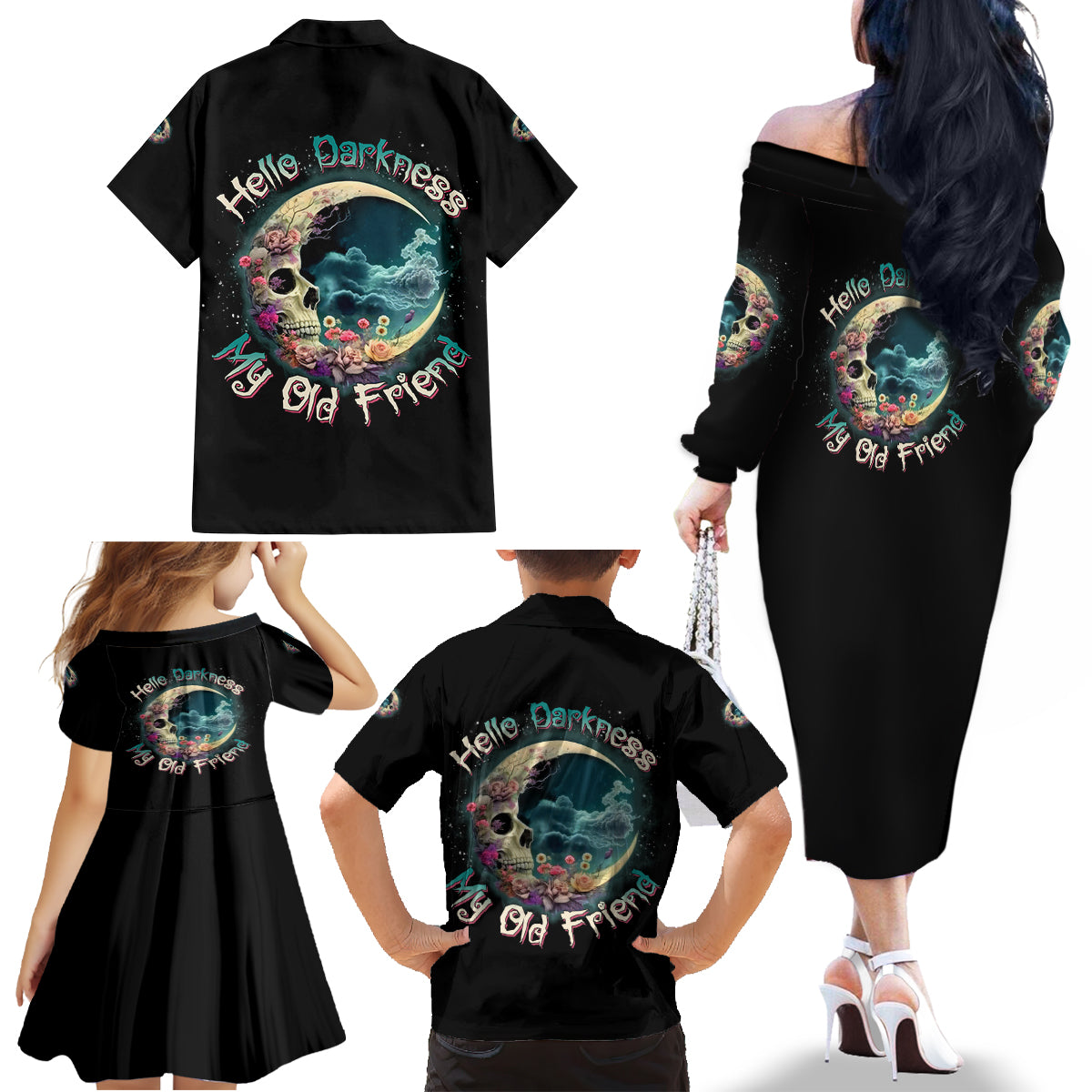 Hello Darkness My Old Friend Crescent Moon Skull Family Matching Off Shoulder Long Sleeve Dress and Hawaiian Shirt - Wonder Print Shop