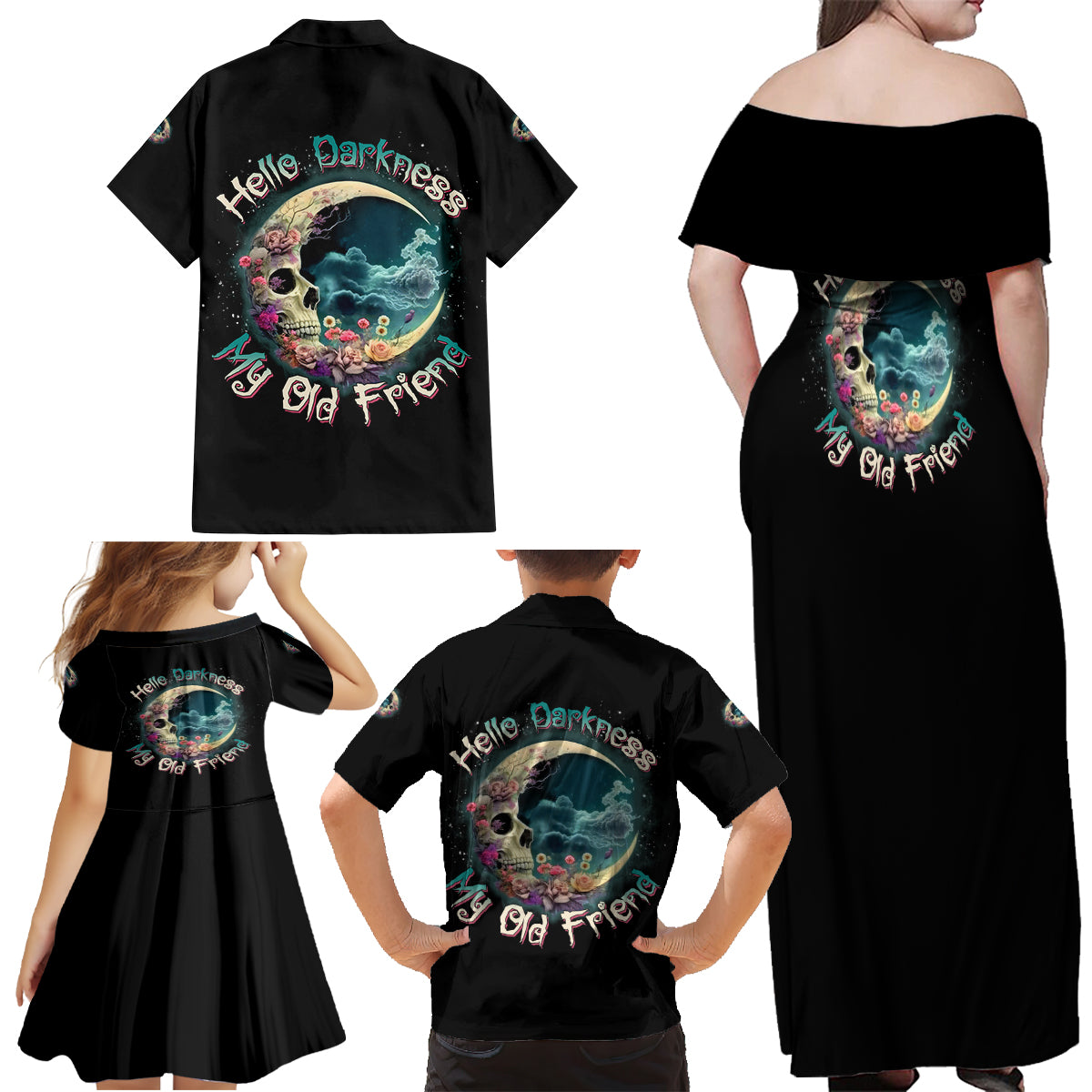 Hello Darkness My Old Friend Crescent Moon Skull Family Matching Off Shoulder Maxi Dress and Hawaiian Shirt - Wonder Print Shop