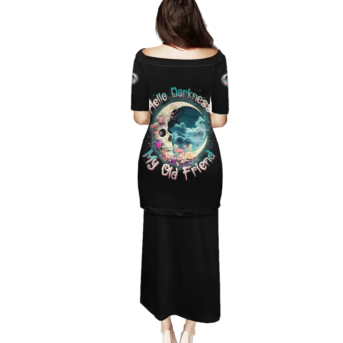 Hello Darkness My Old Friend Crescent Moon Skull Family Matching Puletasi Dress and Hawaiian Shirt - Wonder Print Shop