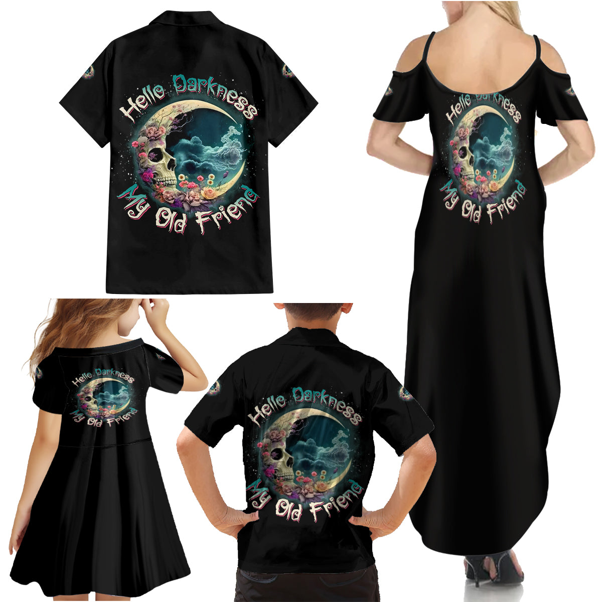Hello Darkness My Old Friend Crescent Moon Skull Family Matching Summer Maxi Dress and Hawaiian Shirt - Wonder Print Shop