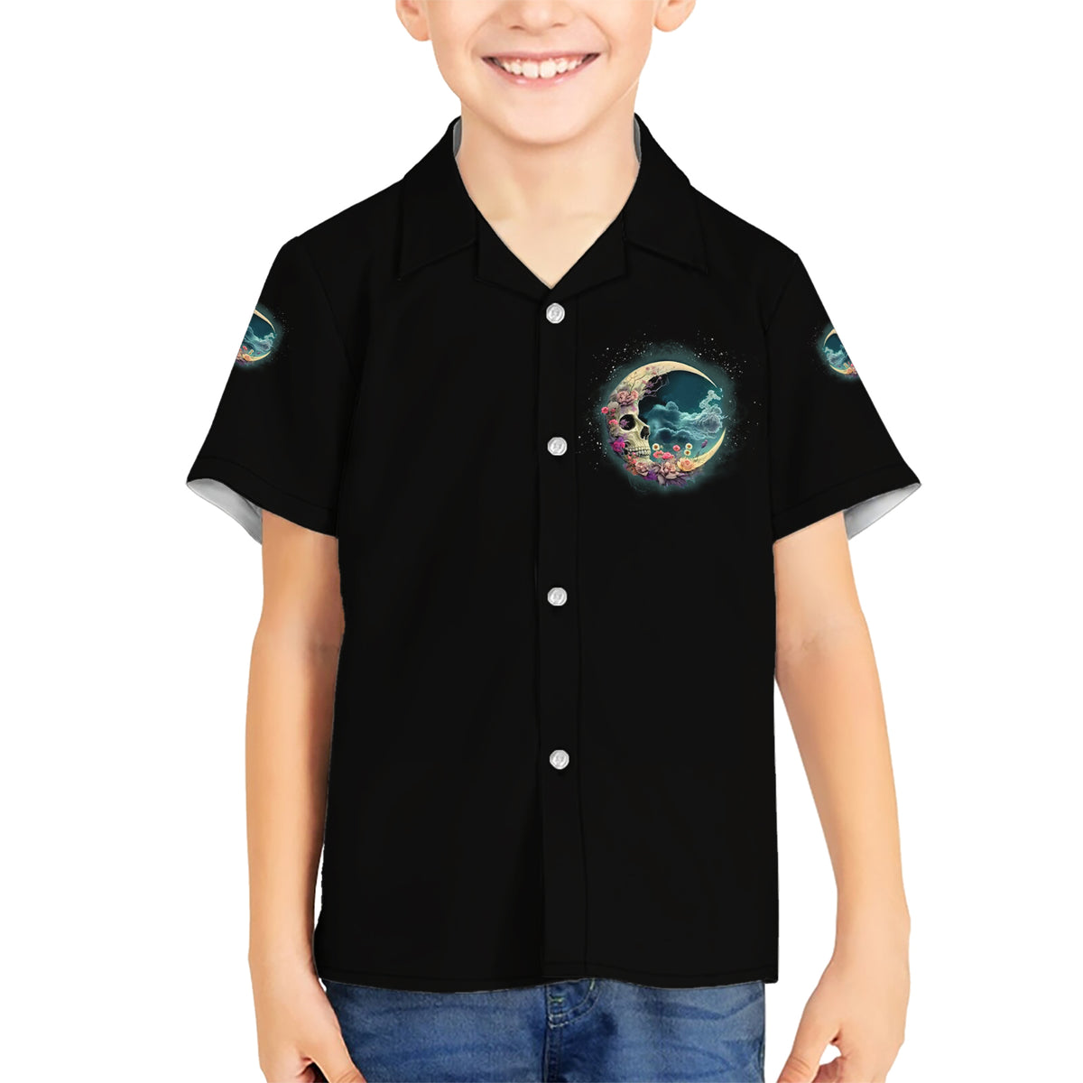 Hello Darkness My Old Friend Crescent Moon Skull Kid Hawaiian Shirt - Wonder Print Shop