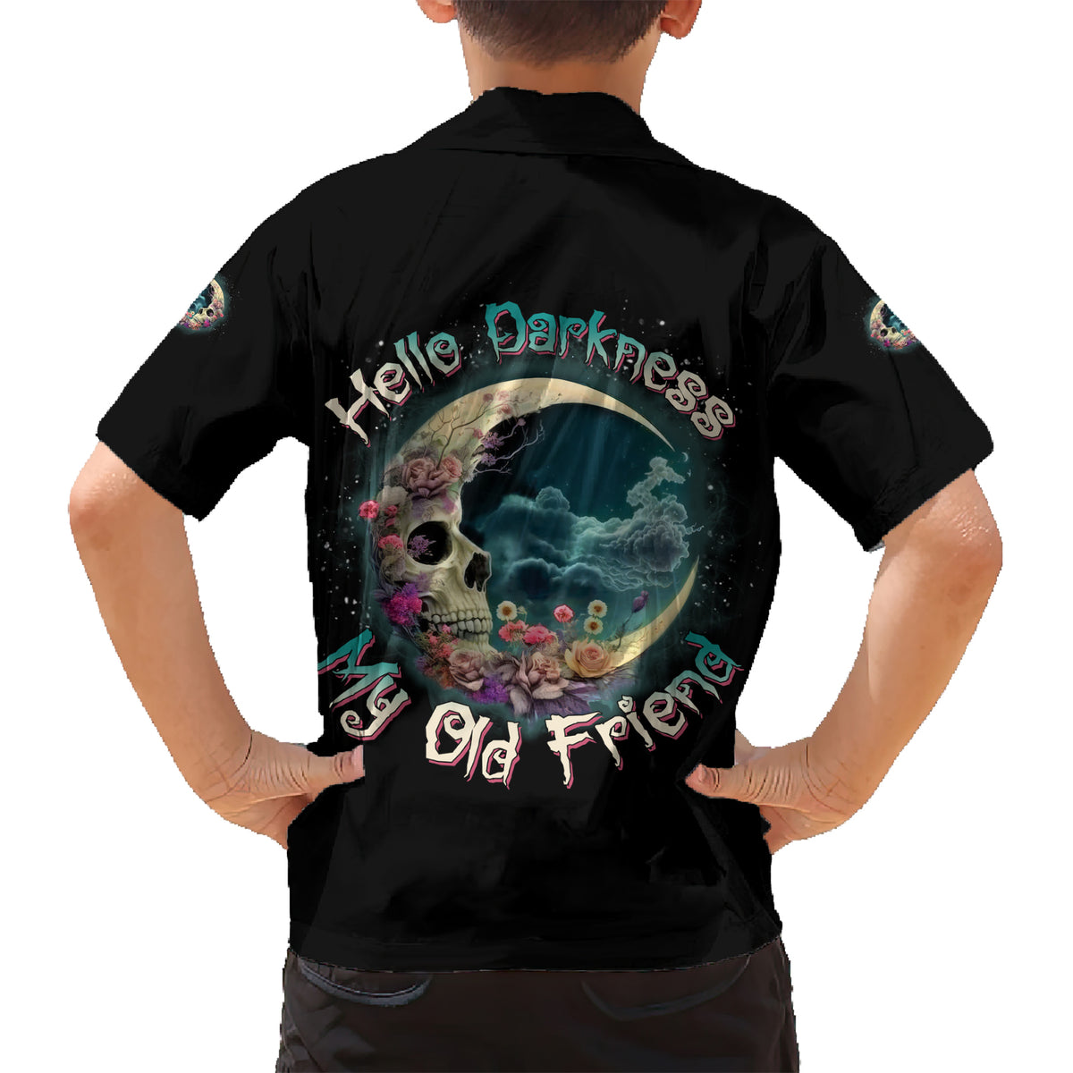 Hello Darkness My Old Friend Crescent Moon Skull Kid Hawaiian Shirt - Wonder Print Shop