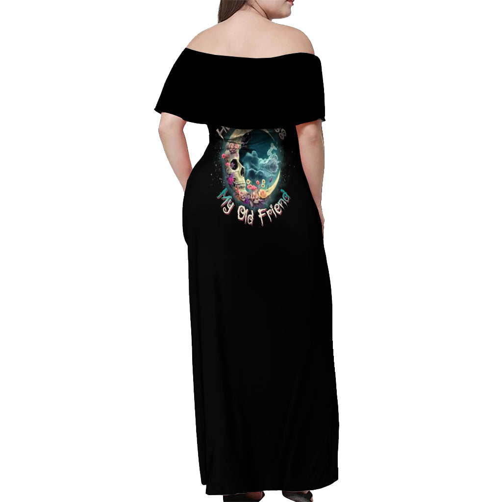 Hello Darkness My Old Friend Crescent Moon Skull Off Shoulder Maxi Dress - Wonder Print Shop