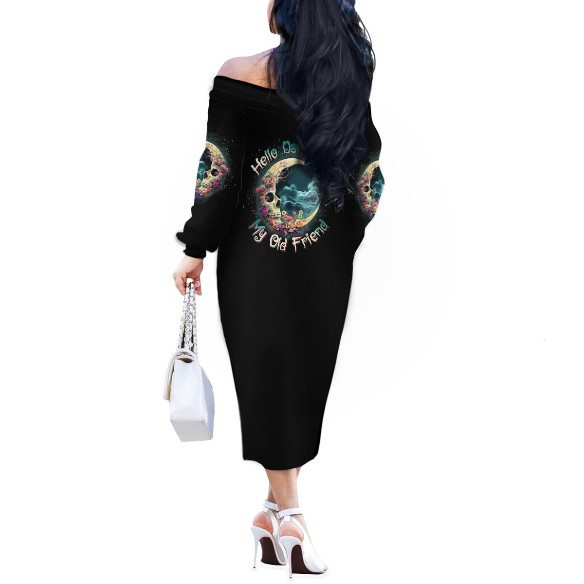 Hello Darkness My Old Friend Crescent Moon Skull Off The Shoulder Long Sleeve Dress - Wonder Print Shop