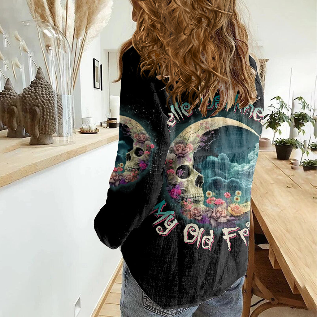 Hello Darkness My Old Friend Crescent Moon Skull Women Casual Shirt - Wonder Print Shop