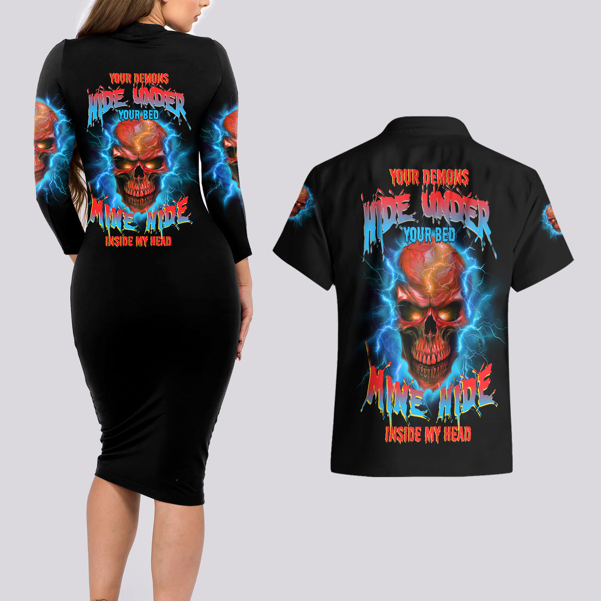 Your Demons Hide Under Your Bed Thunder Skull Couples Matching Long Sleeve Bodycon Dress and Hawaiian Shirt - Wonder Print Shop