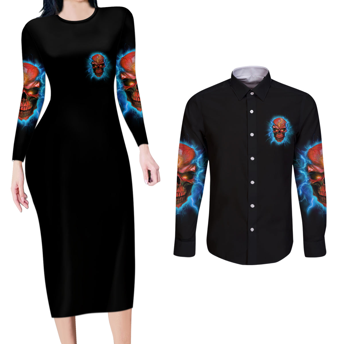 Your Demons Hide Under Your Bed Thunder Skull Couples Matching Long Sleeve Bodycon Dress and Long Sleeve Button Shirt - Wonder Print Shop