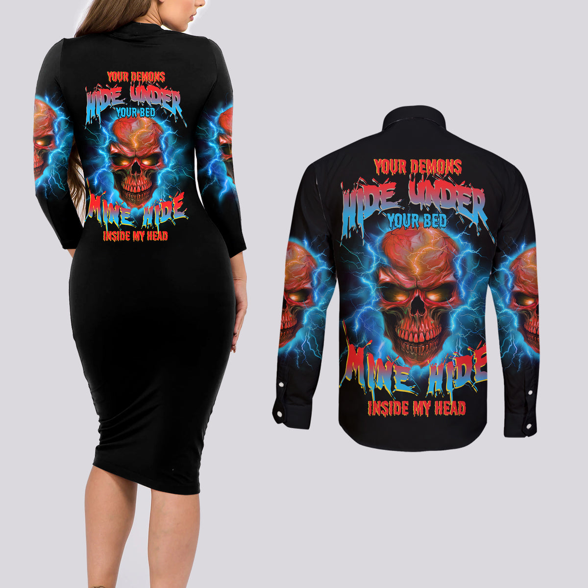 Your Demons Hide Under Your Bed Thunder Skull Couples Matching Long Sleeve Bodycon Dress and Long Sleeve Button Shirt - Wonder Print Shop