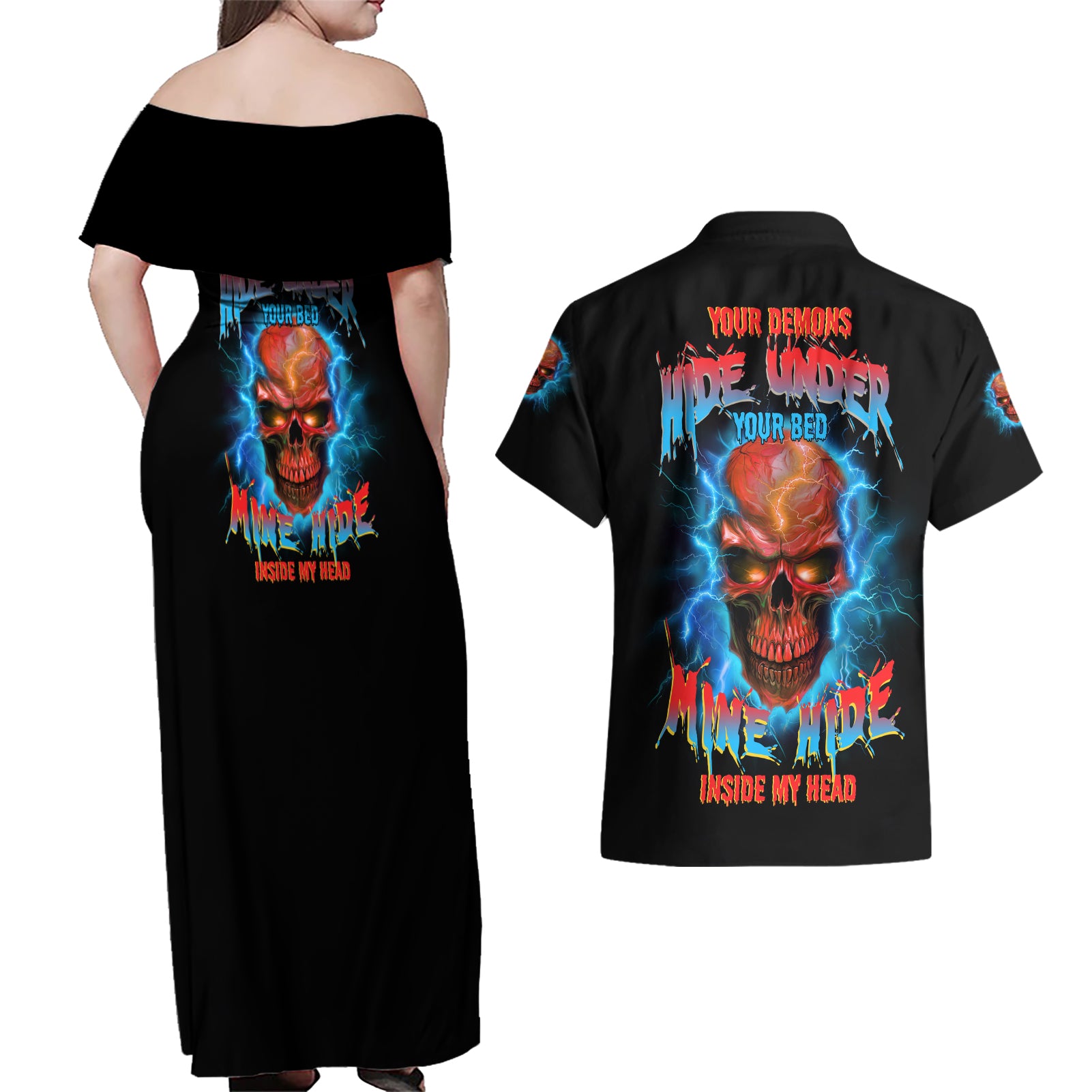 Your Demons Hide Under Your Bed Thunder Skull Couples Matching Off Shoulder Maxi Dress and Hawaiian Shirt - Wonder Print Shop