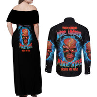 Your Demons Hide Under Your Bed Thunder Skull Couples Matching Off Shoulder Maxi Dress and Long Sleeve Button Shirt - Wonder Print Shop