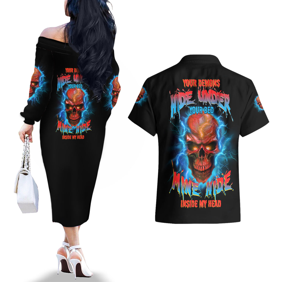 Your Demons Hide Under Your Bed Thunder Skull Couples Matching Off The Shoulder Long Sleeve Dress and Hawaiian Shirt - Wonder Print Shop