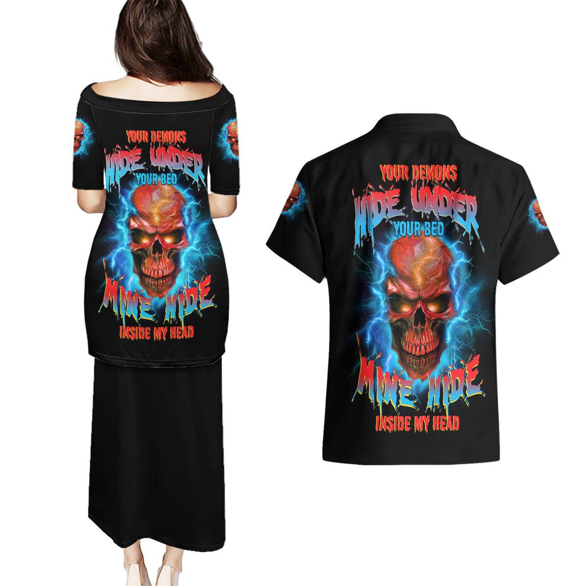 Your Demons Hide Under Your Bed Thunder Skull Couples Matching Puletasi Dress and Hawaiian Shirt - Wonder Print Shop