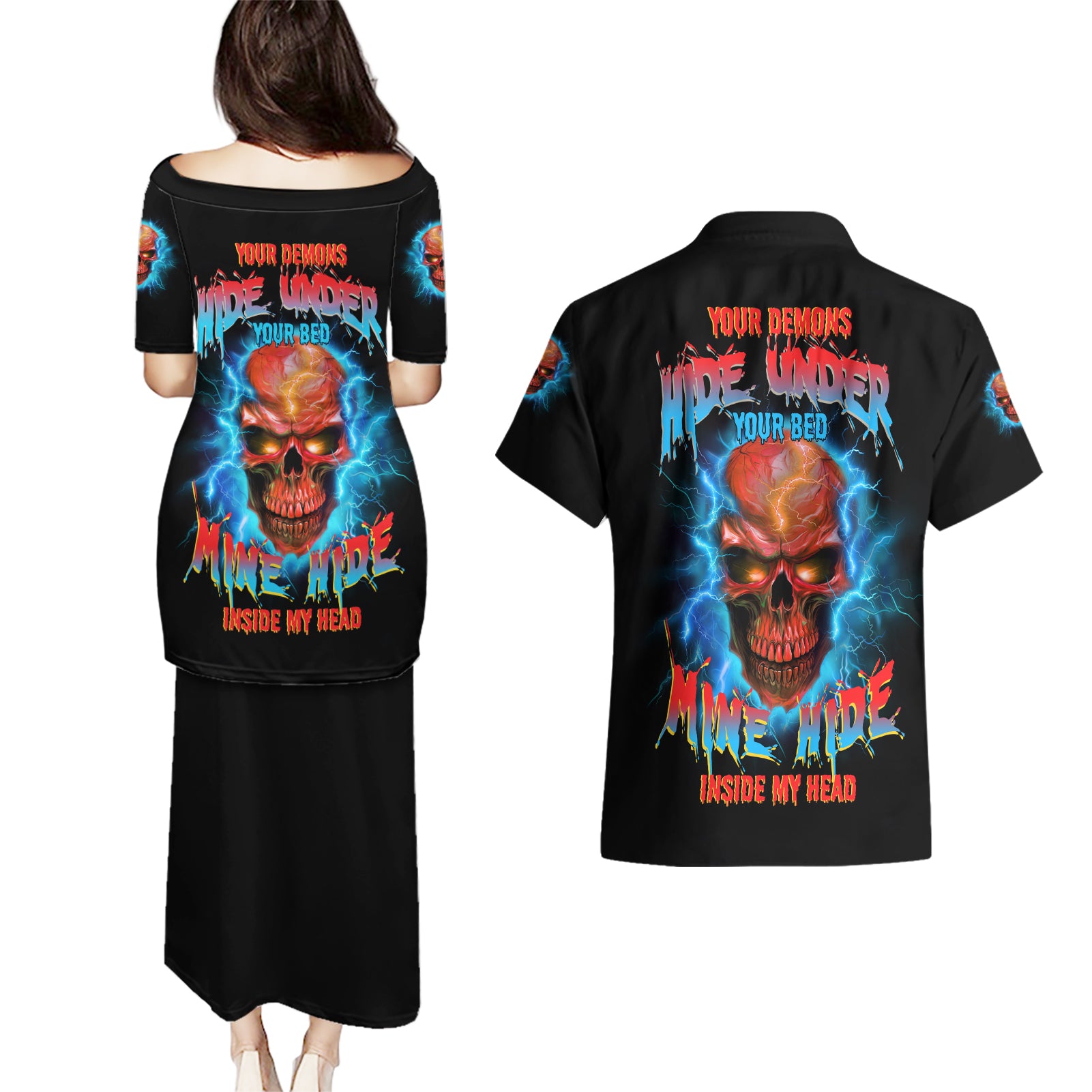 Your Demons Hide Under Your Bed Thunder Skull Couples Matching Puletasi Dress and Hawaiian Shirt - Wonder Print Shop