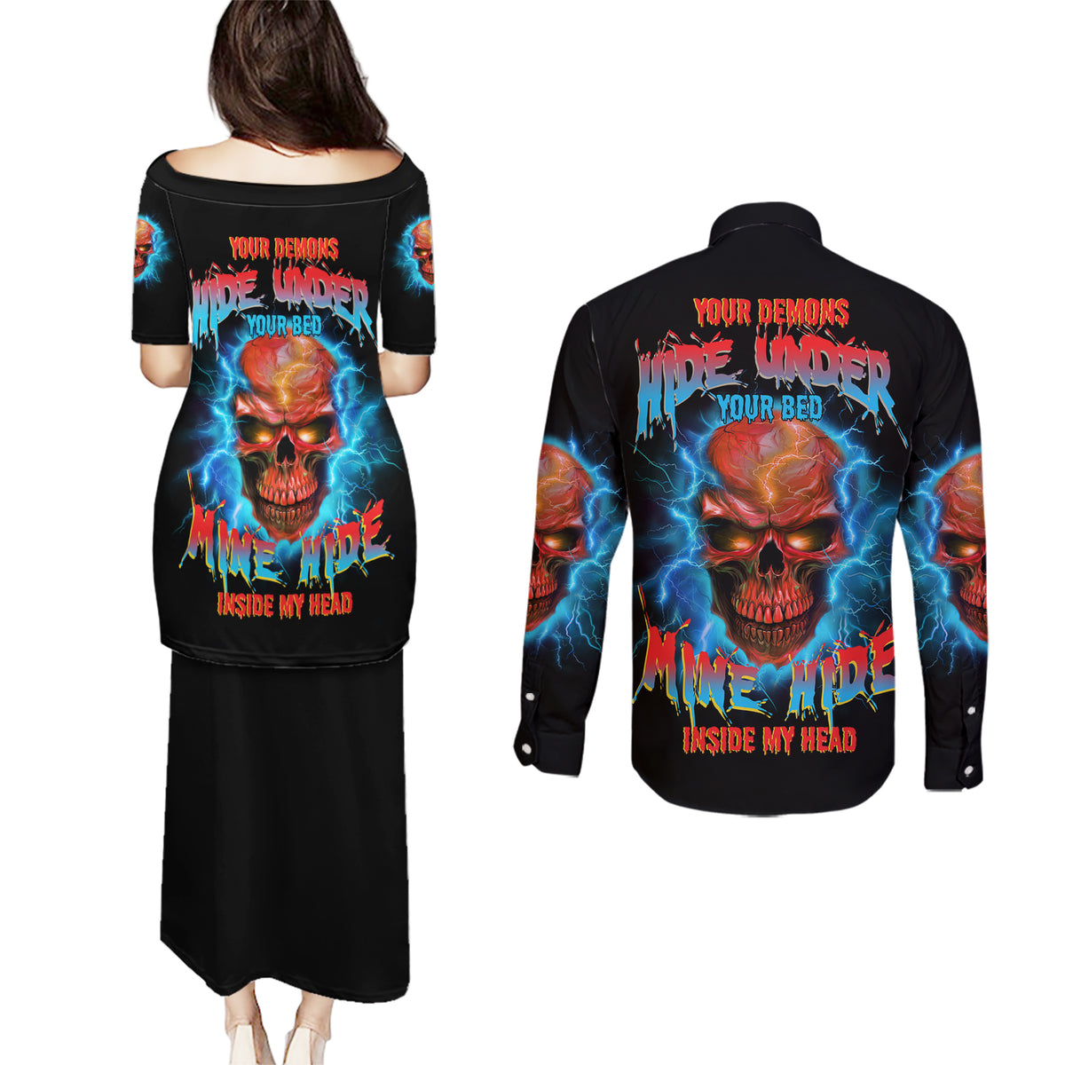 Your Demons Hide Under Your Bed Thunder Skull Couples Matching Puletasi Dress and Long Sleeve Button Shirt - Wonder Print Shop