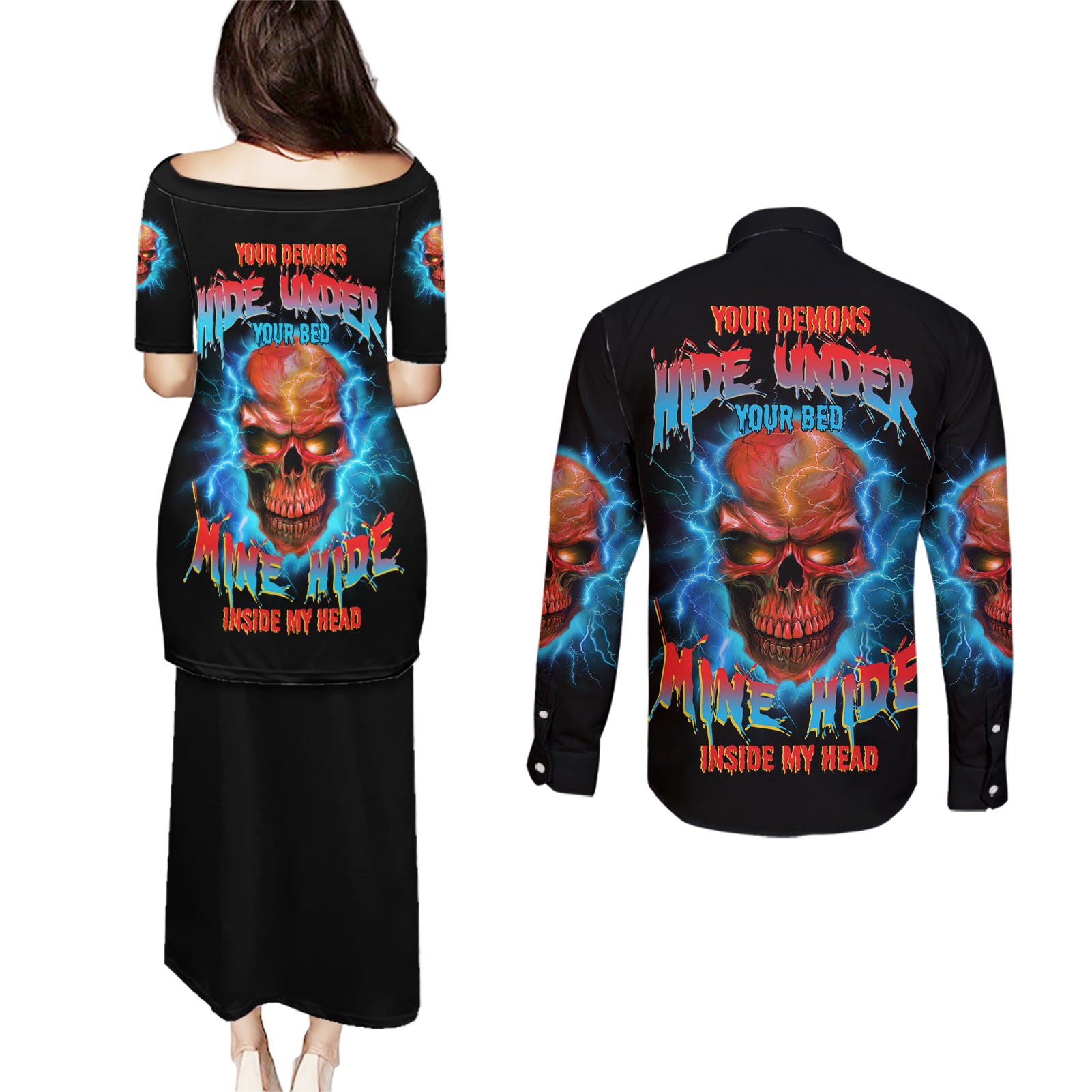 Your Demons Hide Under Your Bed Thunder Skull Couples Matching Puletasi Dress and Long Sleeve Button Shirt - Wonder Print Shop