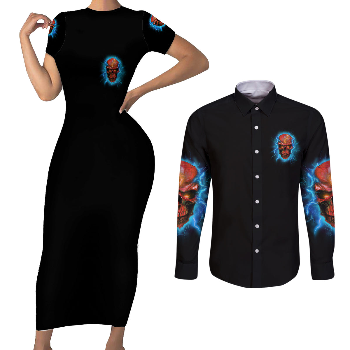 Your Demons Hide Under Your Bed Thunder Skull Couples Matching Short Sleeve Bodycon Dress and Long Sleeve Button Shirt - Wonder Print Shop