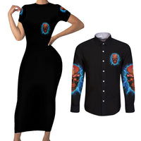 Your Demons Hide Under Your Bed Thunder Skull Couples Matching Short Sleeve Bodycon Dress and Long Sleeve Button Shirt - Wonder Print Shop