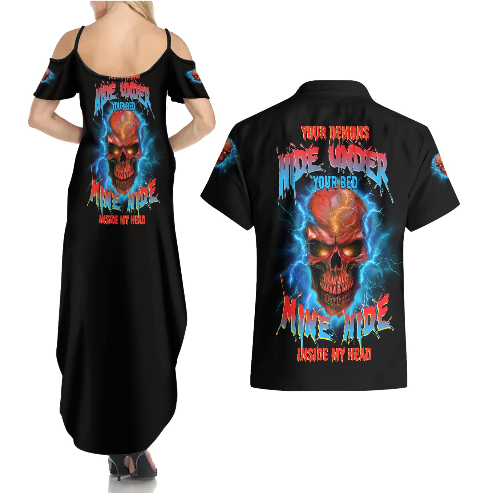 Your Demons Hide Under Your Bed Thunder Skull Couples Matching Summer Maxi Dress and Hawaiian Shirt - Wonder Print Shop