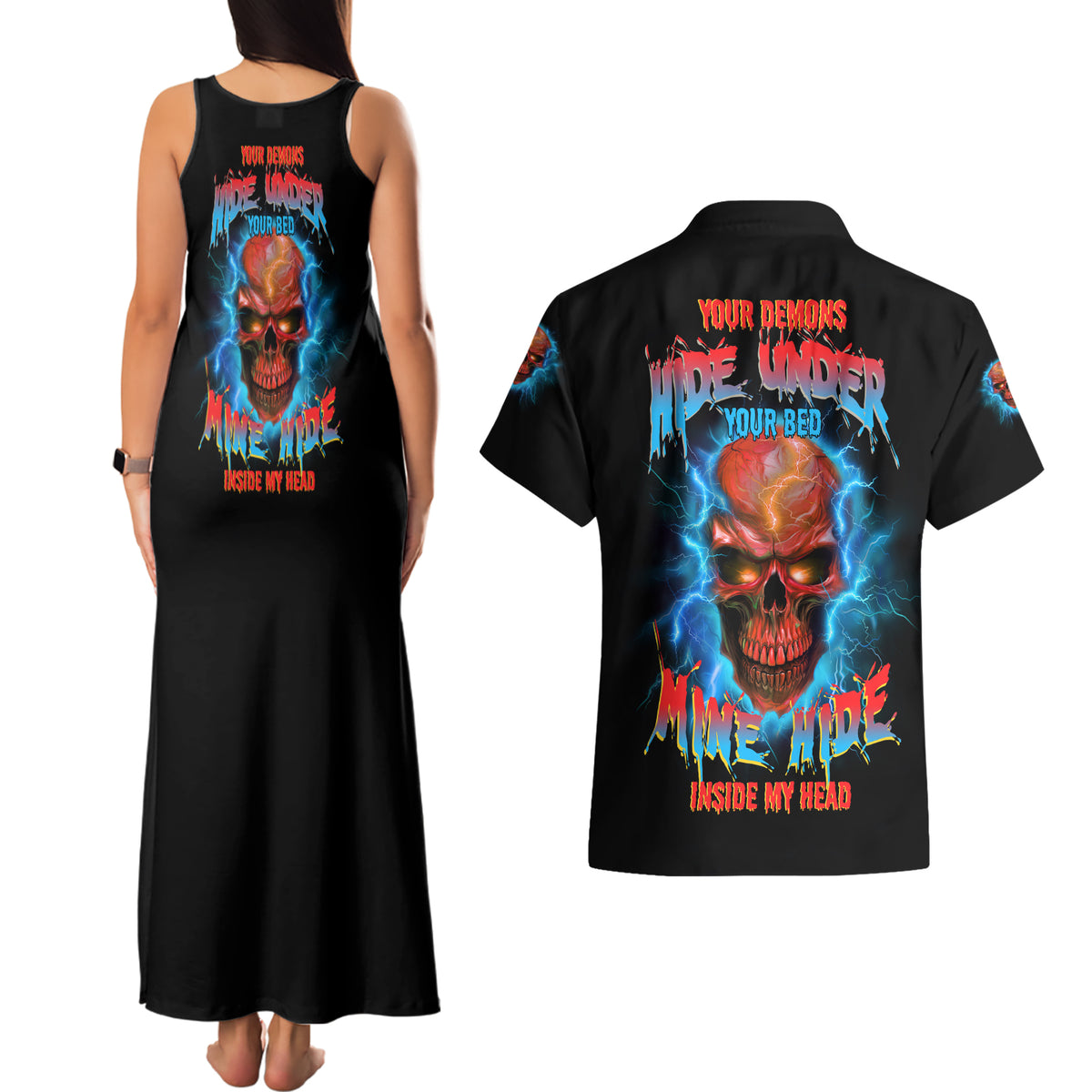 Your Demons Hide Under Your Bed Thunder Skull Couples Matching Tank Maxi Dress and Hawaiian Shirt - Wonder Print Shop