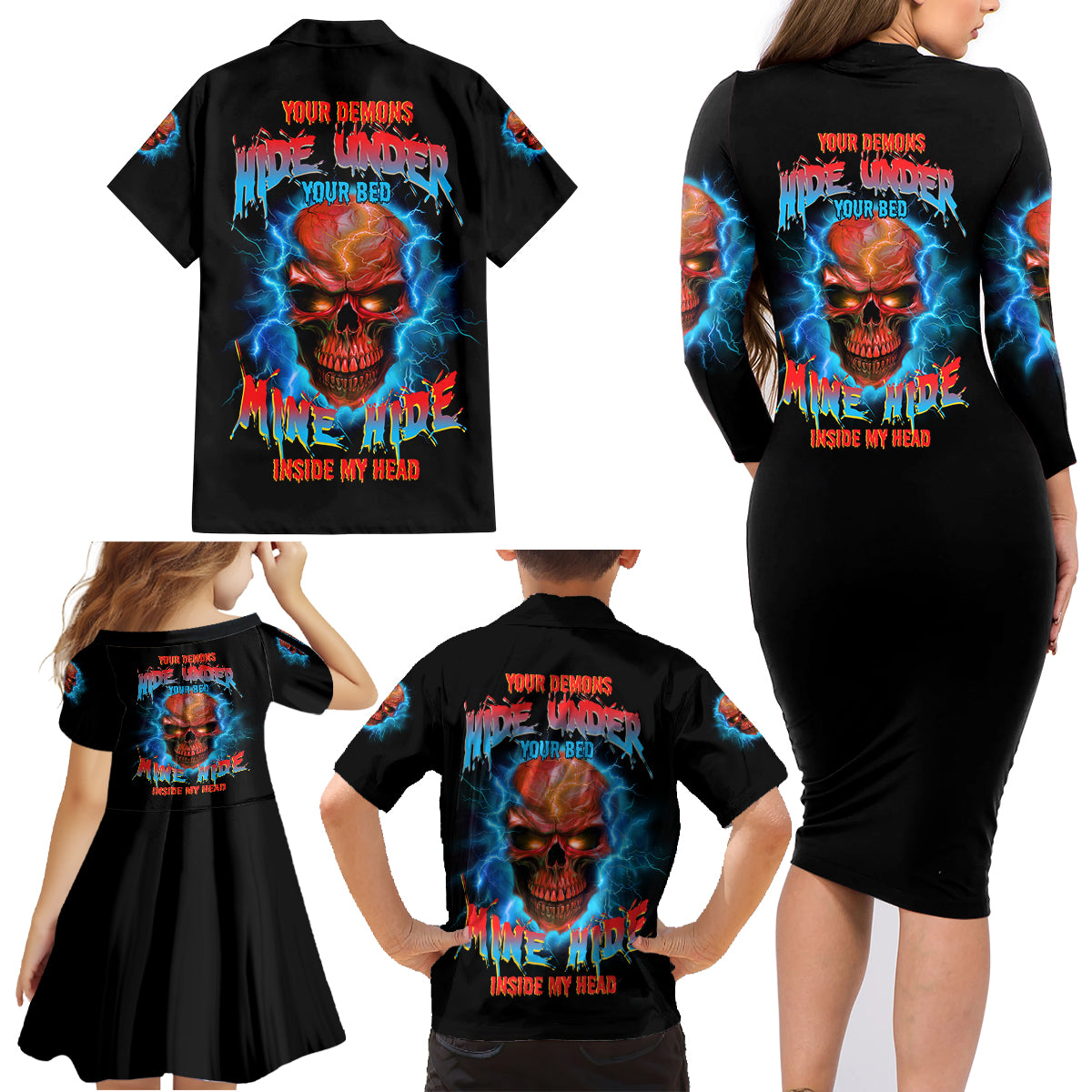 Your Demons Hide Under Your Bed Thunder Skull Family Matching Long Sleeve Bodycon Dress and Hawaiian Shirt - Wonder Print Shop