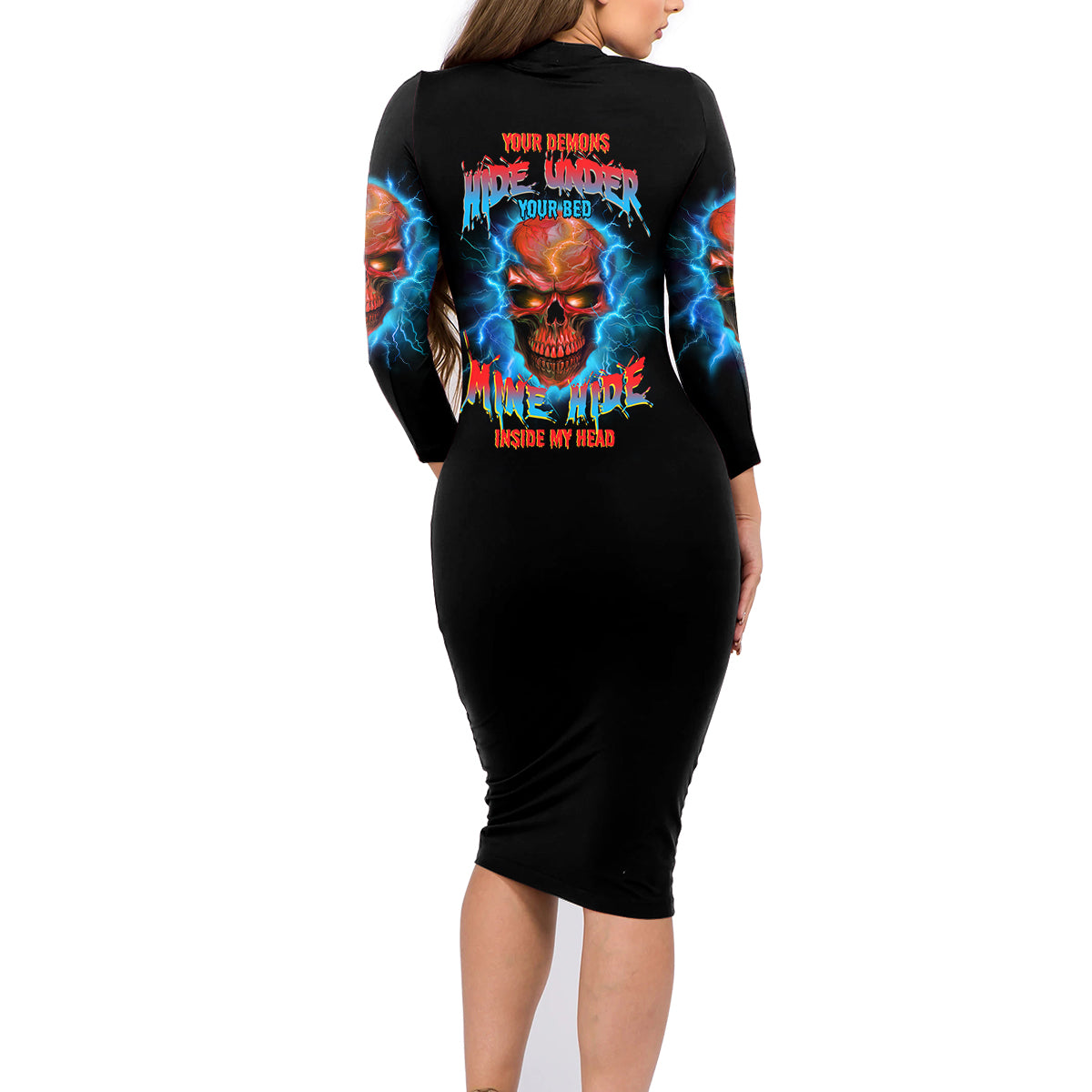 Your Demons Hide Under Your Bed Thunder Skull Family Matching Long Sleeve Bodycon Dress and Hawaiian Shirt - Wonder Print Shop